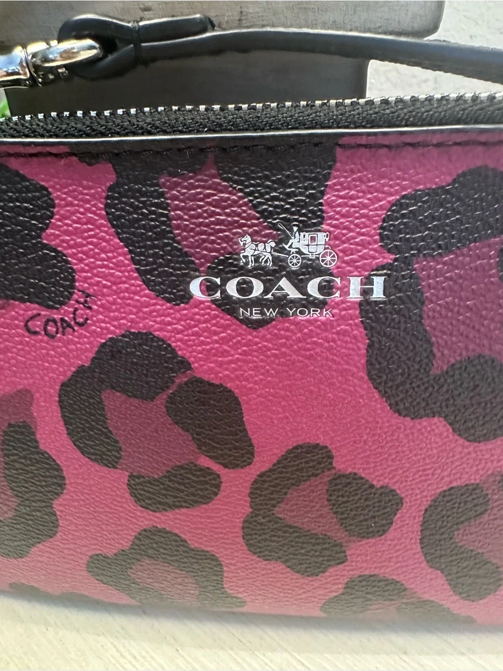 Coach Ocelot Leopard Print Pink and Black Corner Zip Wristlet - Picture 3 of 9